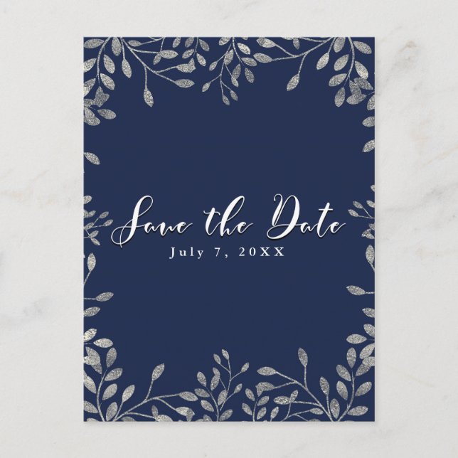 Blue & Silver Botanical Wedding Save the Date Announcement Postcard (Front)