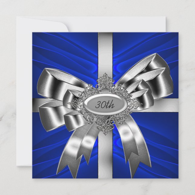 Blue Silver Bow 30th Black White Jewel Invitation (Front)