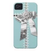 Blue Silver Bow Pearl Jewel Printed iPhone 4 Case (Back)