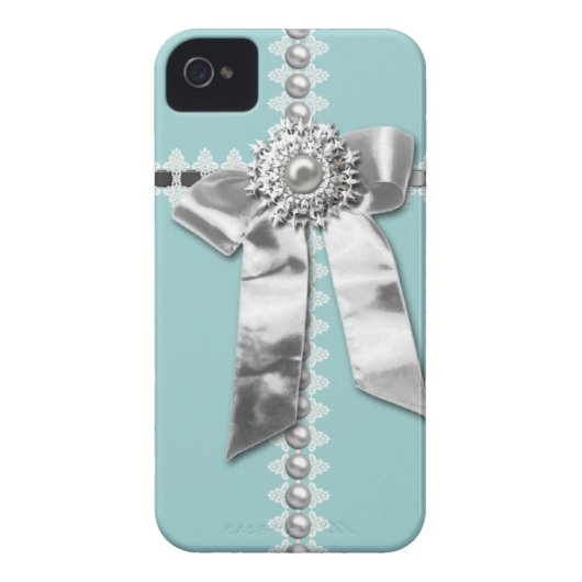 Blue Silver Bow Pearl Jewel Printed iPhone 4 Case (Back)