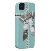 Blue Silver Bow Pearl Jewel Printed iPhone 4 Case (Back/Right)