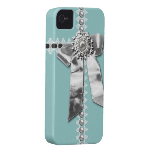 Blue Silver Bow Pearl Jewel Printed iPhone 4 Case (Back/Right)