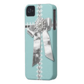 Blue Silver Bow Pearl Jewel Printed iPhone 4 Case (Back Left)