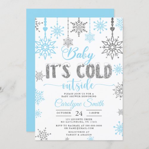 Blue Silver Boy Baby Its Cold Outside Baby Shower Invitation