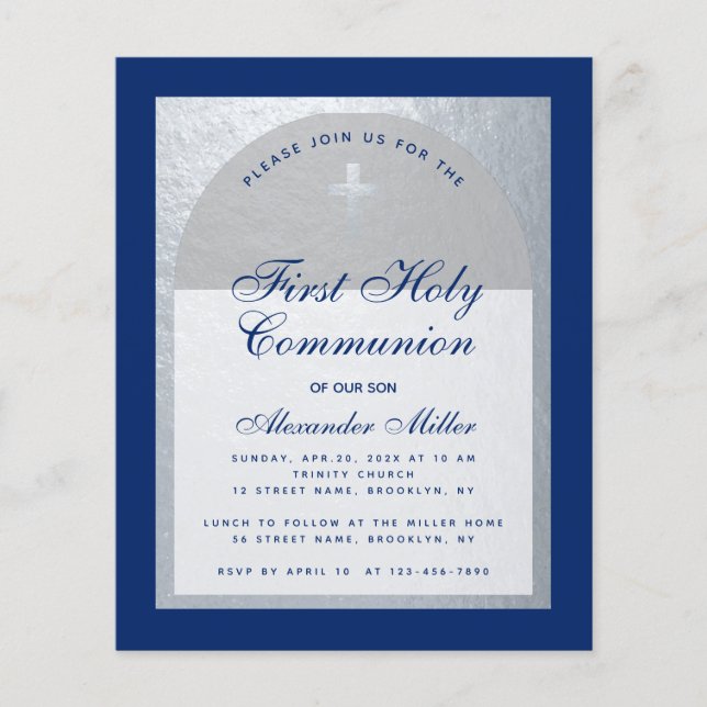 Blue Silver Boy First Communion Budget Invitation (Front)