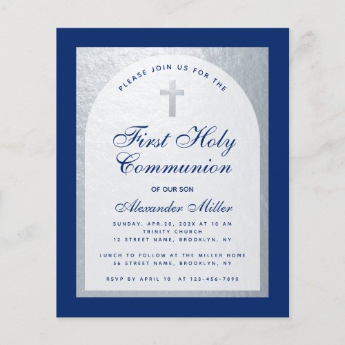 Blue Silver Boy First Communion Budget Invitation