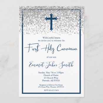 Blue Silver Boy First Holy Communion Invitation by GlamtasticInvites at Zazzle