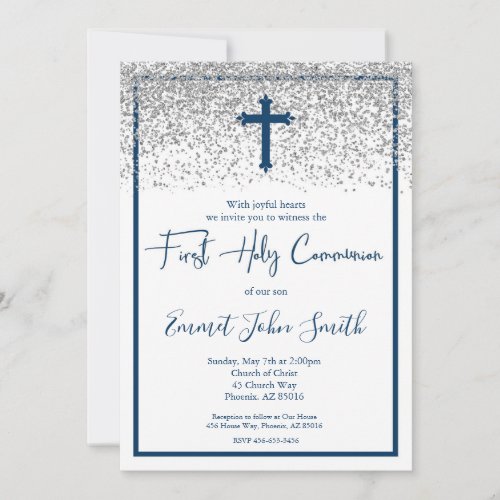 Blue Silver Boy First Holy Communion Invitation
