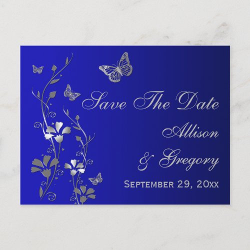 Blue Silver Butterflies Save the Date Postcard