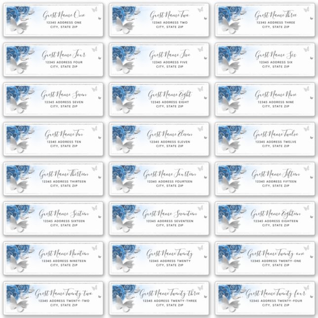 Blue Silver Butterfly 24 Wedding Guest Address Sticker (Front)