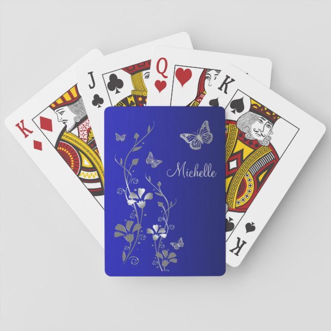 Blue Silver Butterfly Floral Playing Cards (Back)