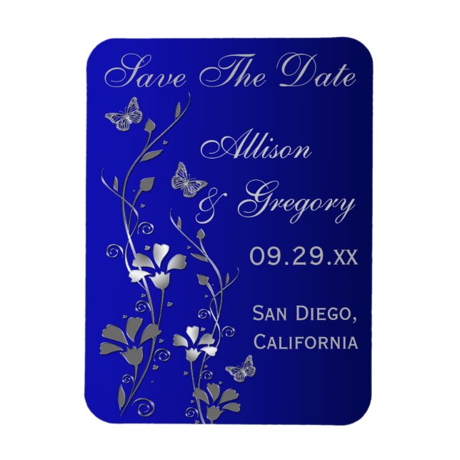 Blue, Silver Butterfly Floral Save Date Magnet (Vertical)