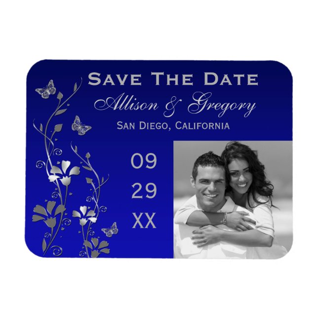 Blue, Silver Butterfly Floral Save Date Magnet (Horizontal)