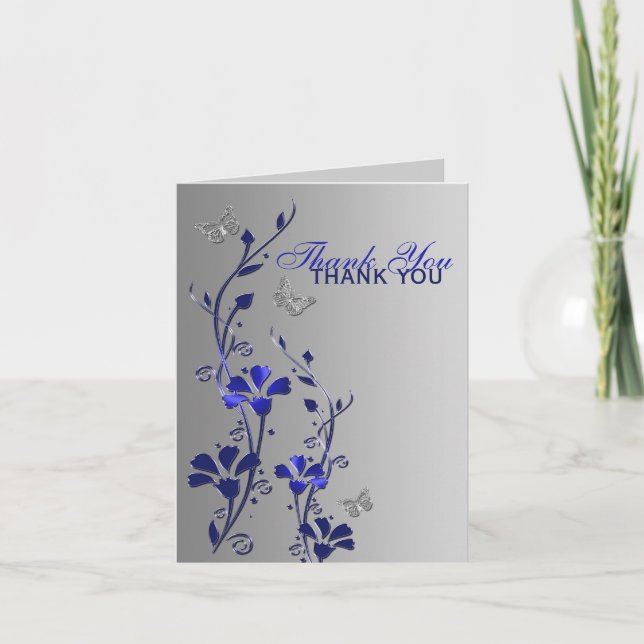 Blue Silver Butterfly Floral Thank You Note Card (Front)
