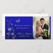 Blue, Silver Butterfly Floral Wedding Photo Card (Front/Back)