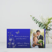 Blue, Silver Butterfly Floral Wedding Photo Card (Standing Front)