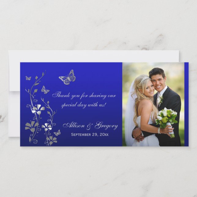 Blue, Silver Butterfly Floral Wedding Photo Card (Front)