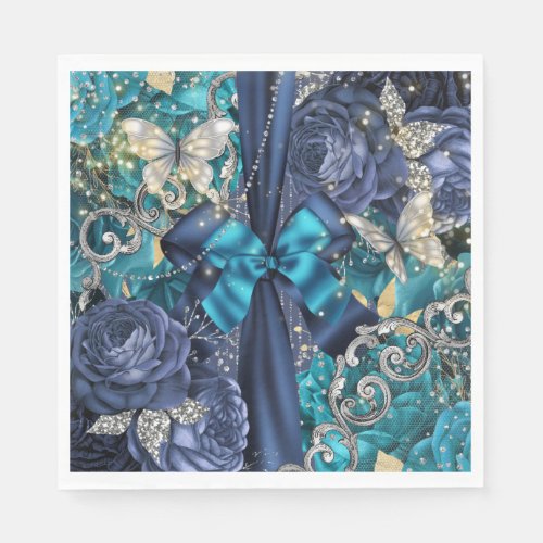 Blue silver butterfly rose shabby chic vintage napkins