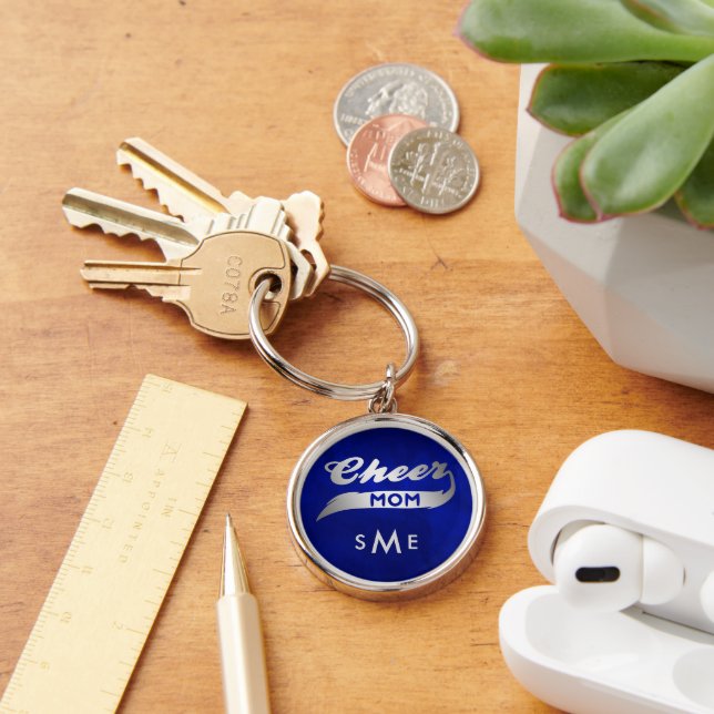 Blue Silver Cheer Mom Monogram Keychain (Desk)