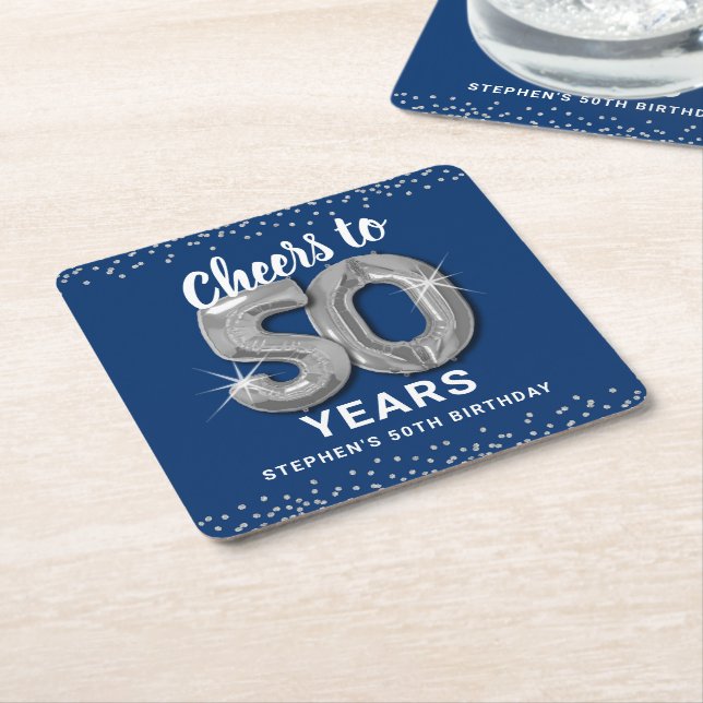 Blue Silver Cheers to 50 Years Birthday Square Paper Coaster (Angled)