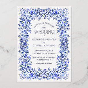 Blue Silver Chinoiserie Floral French Wedding Foil Invitation