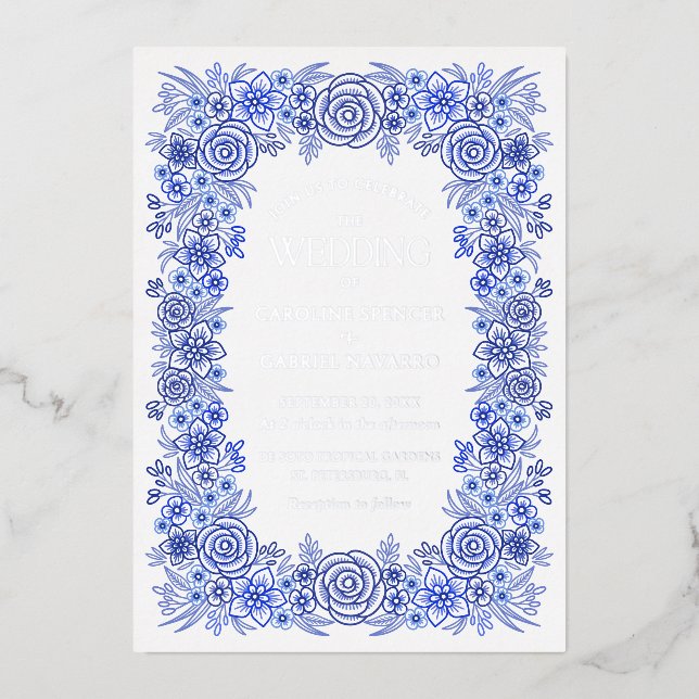 Blue Silver Chinoiserie Floral French Wedding Foil Invitation (Front)