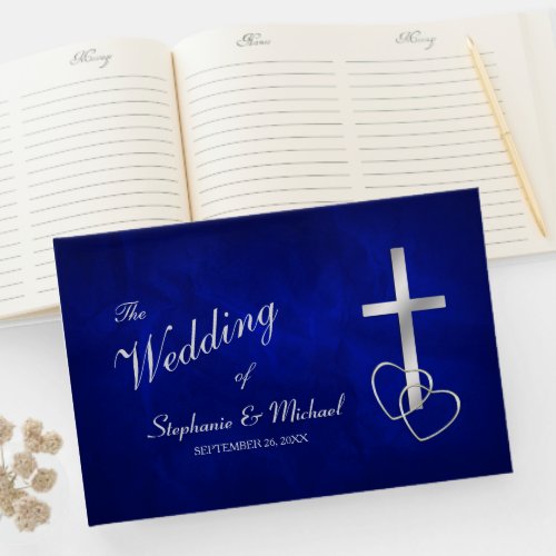 Blue Silver Christian Cross Wedding Guest Book