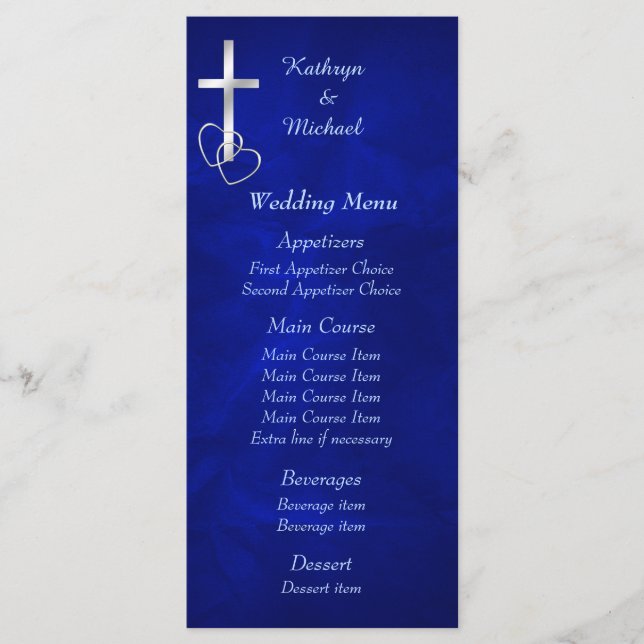 Blue Silver Christian Cross Wedding Menu (Front)