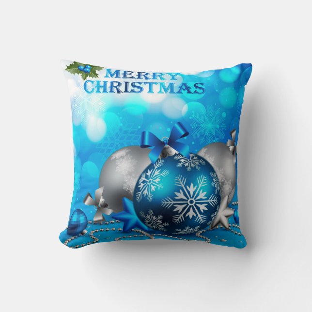 Blue & Silver Christmas Balls, Candy Cane, Stars Throw Pillow (Front)