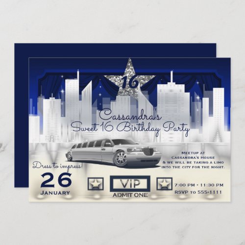 Blue Silver City Night Lights Limo Birthday Party Invitation