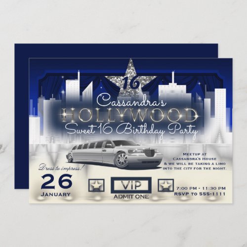 Blue Silver City Night Lights Limo Hollywood Party Invitation