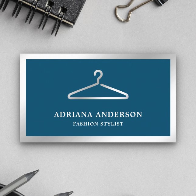 Blue Silver Clothes Hanger Fashion Stylist Business Card (Creator Uploaded)