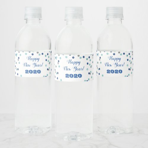 Blue Silver Confetti Custom Happy New Year Water Bottle Label
