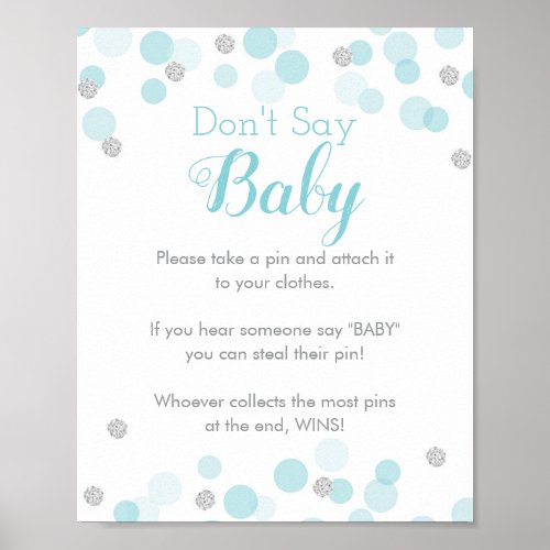 Blue Silver Confetti Dont Say Baby Shower Game Poster