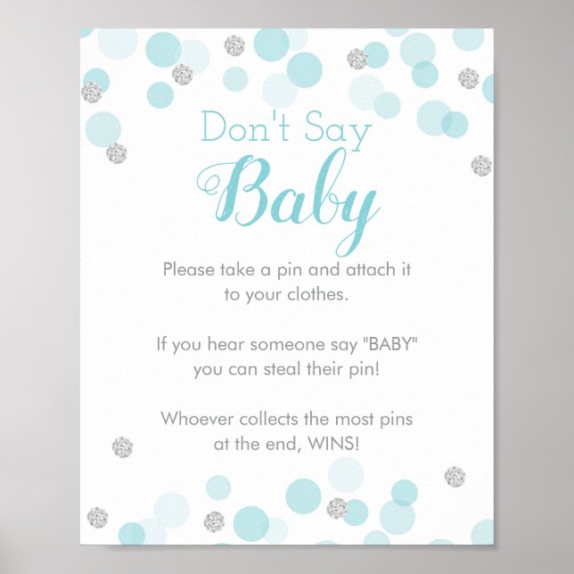 Blue Silver Confetti Don't Say Baby Shower Game Poster (Front)