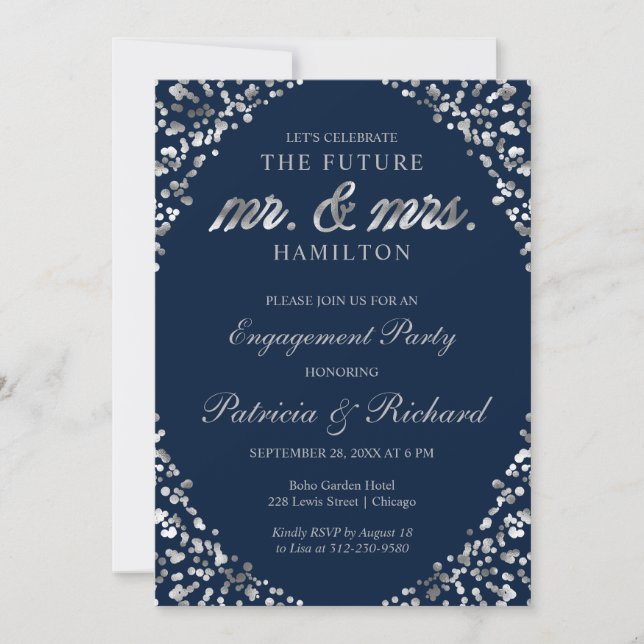 Blue Silver Confetti Engagement Party Invitation (Front)