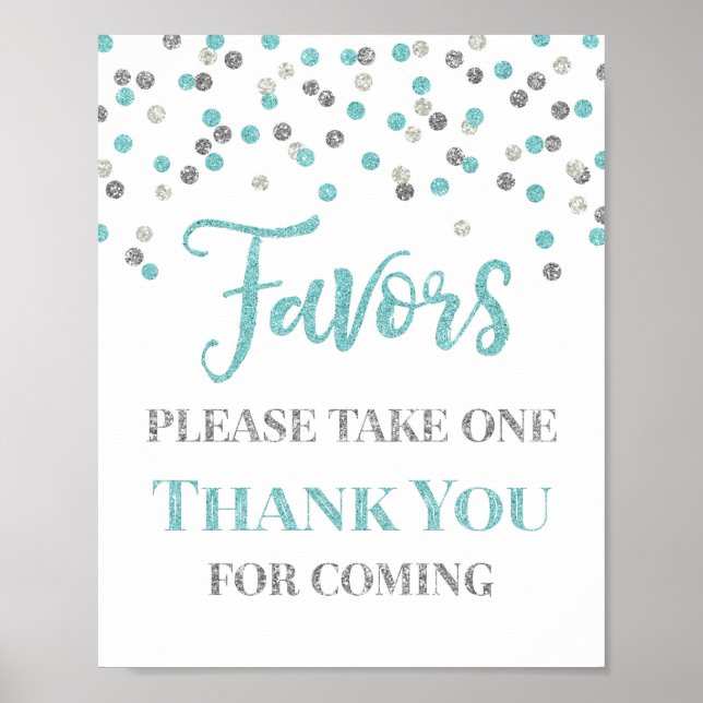 Blue Silver Confetti Favors Baby Shower Sign (Front)