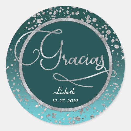 Blue Silver Confetti Gracias Thank You birthday Classic Round Sticker