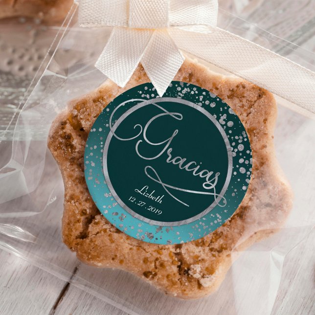 Blue Silver Confetti Gracias Thank You birthday Classic Round Sticker (Creator Uploaded)