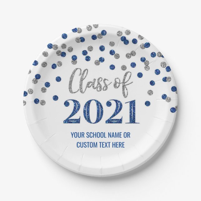 Blue Silver Confetti Graduation 2021 Paper Plates (Front)