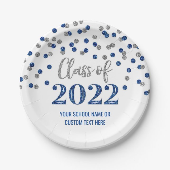 Blue Silver Confetti Graduation 2022 Paper Plates (Front)