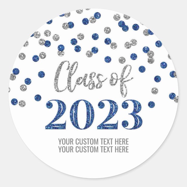Blue Silver Confetti Graduation 2023 Classic Round Sticker (Front)