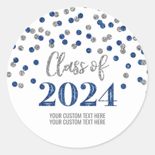 Blue Silver Confetti Graduation 2024 Classic Round Sticker