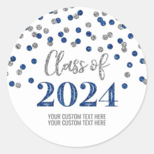 Blue Silver Confetti Graduation 2024 Classic Round Sticker