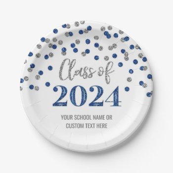 Blue Silver Confetti Graduation 2024 Paper Plates by DreamingMindCards at Zazzle