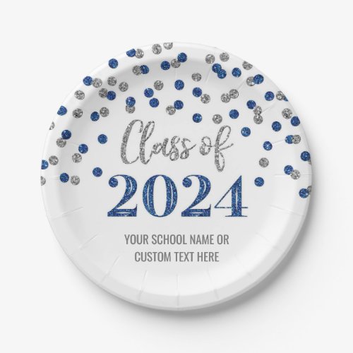 Blue Silver Confetti Graduation 2024 Paper Plates