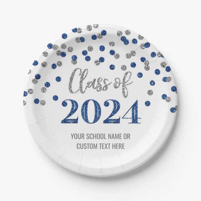 Blue Silver Confetti Graduation 2024 Paper Plates (Front)