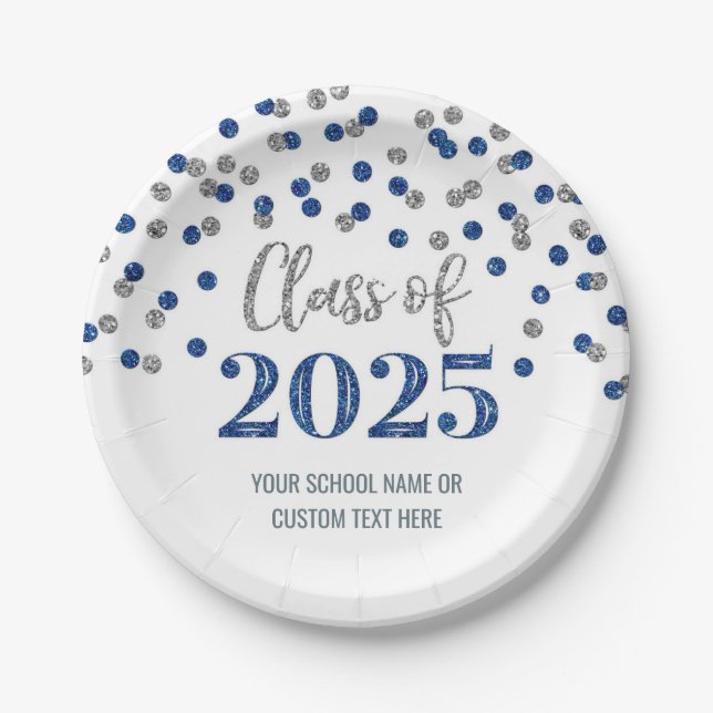 Blue Silver Confetti Graduation 2025 Paper Plates (Front)