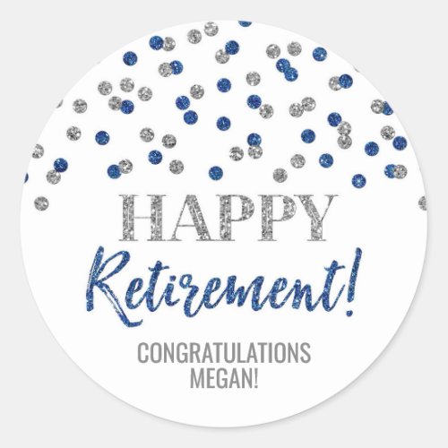 Blue Silver Confetti Happy Retirement Classic Round Sticker