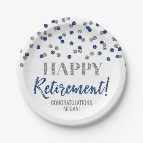 Blue Silver Confetti Happy Retirement Paper Plates